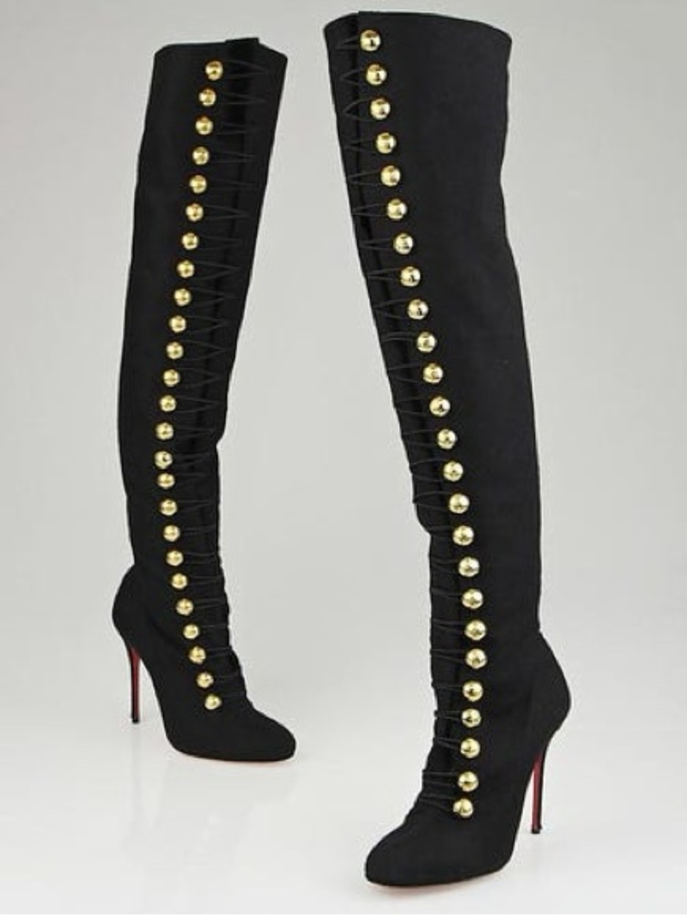 Christian Louboutin Ronfifi Supra Black Suede Gold Button OTK Boots 35.5